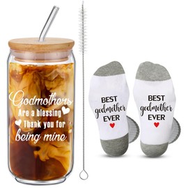 Maxcheck 2 Pack Aunt Godmother Proposal Gift, 16oz Can Shaped Beer Glass with Lids Straws Brushes Novelty Socks Gift Birthday Gift, 16oz Beer Glass Gift Set(Godmother)