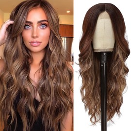 Long Brown Highlight Blonde Wig for Women – Natural Look Curly Synthetic Hair Wig, Tangle-free, Heat-Resistant, Comfortable for Daily Wear