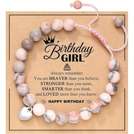 yuandnn Natural Stone Healing Crystal Bracelets, Adjustable Stretch Pink Zebra Bracelet Crystal Jewelry Yoga Meditation Relax Gifts Friendship Birthday with Encourage Quote Card for Girls & Women (B)