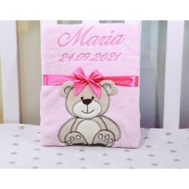 BotoBaby® - Baby Blanket with Name and Date of Birth - Gift Christening Birth ★ (Pink - Teddy Bear)