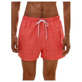 SHENHE Men's Gingham Plaid Swim Trunks Drawstring Hawaiian Surfing Beach Board Shorts Red Large