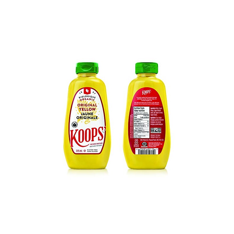 Koops' Organic Yellow Mustard, 325mL, Certified Organic, Gluten-Free, Vegan, Kosher,