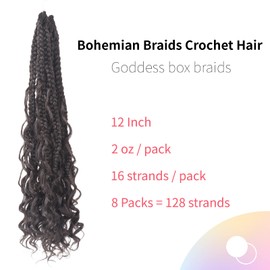Niseyo Goddess Box Braids Crochet Hair 12 Inch 8 Packs Short Crochet Box Braids Pre Looped Curly Ends Boho Style Synthetic Hair (4#/Brown)