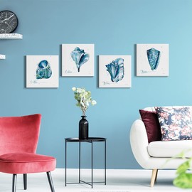 Renditions Gallery Seashell Beach House Theme Wall Décor 12 x 12 inches, Set of 4 Nautical Wall Art Canvas Prints Decoration for Bathroom Bedroom Living Room, Blue Shell Relax