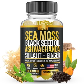 Sea Moss, Black Seed Oil, Ashwagandha, Ginger, Shilajit Gummies with Elderberry, Chlorophyll, Turmeric Bladderwrack Sea Moss Gummies Advanced Strength Formula - All in 1 Bundle - USA Made (60 Gummies)