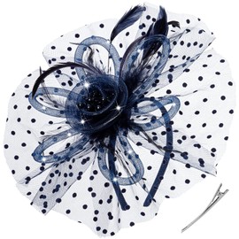 Navy Blue LED Light up Fascinator Hats Kentucky Fascinator Derby Flower Headband Feather Mesh Tea Party Wedding Hair Clip for Women