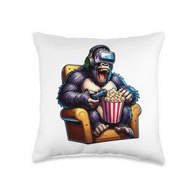 Gamer Gorilla Popcorn Gaming Chair Headphones Games Player Throw Pillow