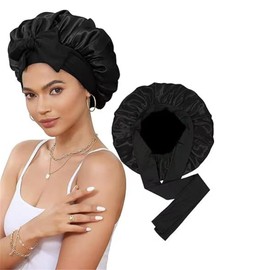 Tckenan Women's Silk Nightcap, Satin hat, Double Satin Bonnet, Curly Shower Cap Bonnet, Suitable for Curly Night caps (CA/US, Alpha, One Size, Black)