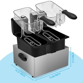 Pukomc Electric Double Deep Fryer with 2 Baskets & Lids, 3L Stainless Steel Removable Double Fryer,Temperature Control,Overheat Protection,3000W