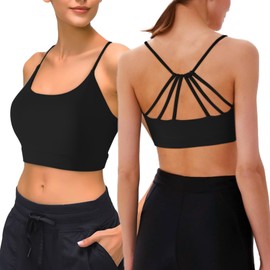 Strappy Sports Bras Women High Impact, Non Wired Yoga Bra Top Seamless Vest with Padded, Halter Neck Push Up Workout Bra Backless Gym Tops for Girls Black