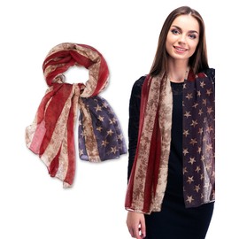 Coume American Flag Patriotic Scarf Chiffon Scarf for Women Red White and Blue Accessories 4th of July Shawl Independence Day (Retro Distressed)