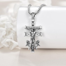 POPLYKE Caravaca Cross Necklace for Men Sterling Silver Caravaca Cross Necklace Religious Pendant