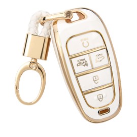 for Hyundai Key Fob Cover Soft 5 Buttons TPU Protection Car Key Case Shell with Gold Keychains Compatible with 2019 2020 2021 Hyundai Sonata Nexo 2022 Hyundai Tucson White