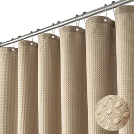 Dynamene Extra Long Shower Curtain,96 Inch Long Waffle Weave Heavy Duty Thick Fabric Bathroom Shower Curtain, Neutral Weighted Hotel Bath Curtain Set with 12 Plastic Hooks,72x96,Beige/Khaki
