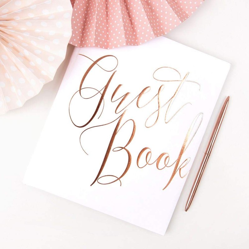 Luck and Luck White Wedding Guest book with Rose Gold