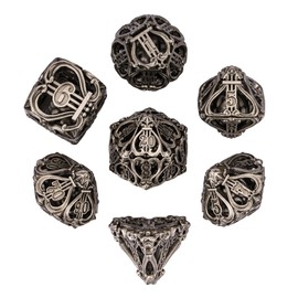 Cusdie 7-Die Metal Dice Set - Hollow Design with Bells - Crisp Sounding Gaming Dice in Tin Box - Perfect for Tabletop RPGs & Board Games(Ancient Nickel)