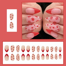 Valentine’s Day French Tip Press on Nails Almond Medium Fake Nails with Red Lip Heart Design False Nails Full Cover Acrylic Nails Super Fit Nail Tip Artificial Stick Glue on Nails for Women 24Pcs