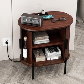 Simore Wood Nightstand with Charging Station, Bed Side Table, Mid Century Modern Fluted End Table with Storage for Bedroom Small Spaces, Walnut