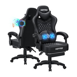 HOFFREE Gaming Chair with Bluetooth Speakers Massage Lumbar Ergonomic Computer Gaming Chair with Footrest Reclining Game Chair for Adults-Black
