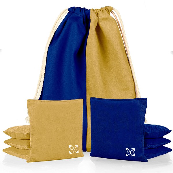 Professional Cornhole Bags - Set of 8 Regulation All Weather Two Sided Improved Bean Bags for Pro Corn Hole Game - 4 Navy Blue & 4 Gold