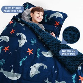 PHF Toddler Nap Mat with Removable Pillow and Minky Fleece Blanket, Rollup Design Warm Slumber Bags for Boys, 50"x20"x2" Kids Sleeping Bag for Daycare Preschool Travel Camping, Shark