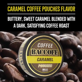 5 Cans, BaccOff Caramel Coffee Pouches, 50 MG of Caffeine Per Serving, Sweet, Buttery Caramel with Dark Coffee Flavors, 16 Pouches Per Can