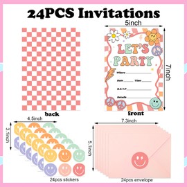 JarThenaAMCS 24 Pack Retro Preppy Invitations with Envelopes & Stickers Boho Checkered Smile Face Invitation Cards Blank Invites for Birthday Party Supplies, 5 x 7 Inch