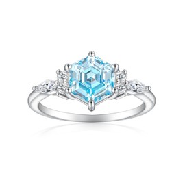 Cijisx Birthstone Ring 925 Sterling Silver Hexagon Simulated Aquamarine Cubic Zirconia Ring Engagement Ring for Women Light Blue Promise Ring for Her Size 7.5