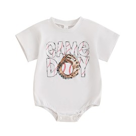 Baby Boys Girls Baseball Rompers Newborn Infant Bow Game Day Print Oversized Bubble Bodysuit One Piece Summer Clothes (White, 3-6 months)
