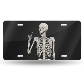 Skull Human Skeleton Posing Isolated Over Front License Plate Aluminum Decorative License Plates Funny Metal Car Plate 6"X12" Novelty Vanity Tag Cover with 4 Holes Car Decor Accessory