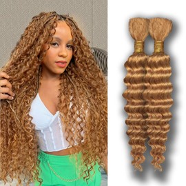 Human Braiding Hair 16 Inch 100 g 2 Bundle Deep Water Wave Bulk Human Hair for Braiding Curly Human Hair for Boho Braids Wet and Wavy Human Hair Extensions No Weft Micro Braiding Hair 27 Honey Blonde