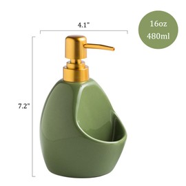 SHIIANN Green Ceramic Soap Dispenser with Sponge Holder – Refillable Kitchen Sink Soap Pump with Sponge Tray – 2-in-1 Sink Organizer for Dish Soap, Farmhouse Countertop Decor