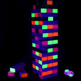 54 Piece Glow Tumble Tower Board Games, Glow in The Blacklight Tumble Tower, Indoor/Outdoor Board Game for Adults for Family Game Night