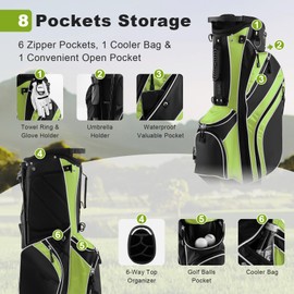 KOTEK Golf Stand Bag, 6 Way Top Divider Golf Bag with Stand, 8 Pockets, Rain Hood & Dual Shoulder Straps, Lightweight Golf Club Bag for Driving Range, Par 3 and Executive Courses (Green)