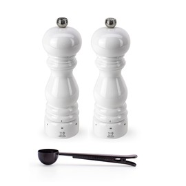 Peugeot Paris u'Select 6 Setting Manual Salt & Pepper Mill Set With Black Stainless Steel Spice Scoop Made In France (White Lacquered, 7- Inch)