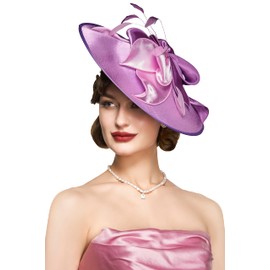 BABEYOND Derby Hats for Women - Fascinators Tea Party Hats Headband Wide Brim Fascinator Wedding Cocktail Flower Feathers Light Purple