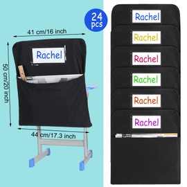 Maitys 24 Pcs Chair Storage Pocket 17 Inch Chair Bag Chair Pockets for Classrooms Student Chair Pockets Classroom Chair Organizer with Name Tag for Keeping Student Book School Table Organized (Black)