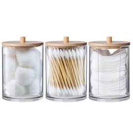 SoapUp® 3 Design Storage Boxes for Bathroom Accessories, Made of Transparent Acrylic & Bamboo Lids, Storage for Cotton Buds, Cotton Pads, Cosmetics, Decoration, OriginalCorner®