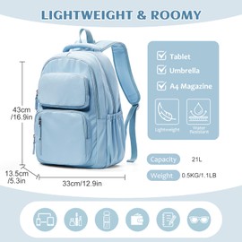VGOCO School Backpack for Kids Girls Multi-pocket Elementary Middle School Backpacks for Teens Boys Aesthetic School Bag College Backpack for Women Casual Daypacks Laptop Bookbag Light Blue