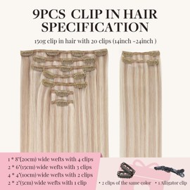 MAXITA Human Hair Extensions, 150g 9pcs Champagne Blonde to Bleach Blonde, 14 Inch Remy Clip-In Straight Hair Extensions for Women