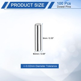 sourcing map 100 Pcs 2mm x 9mm Dowel Pins Bearing Steel Cylindrical Dowel Pins Shelf Support Peg Pin Rod Fasten Elements Metal Shelf Pegs +/-0.02mm Diameter Tolerance, Silver Tone