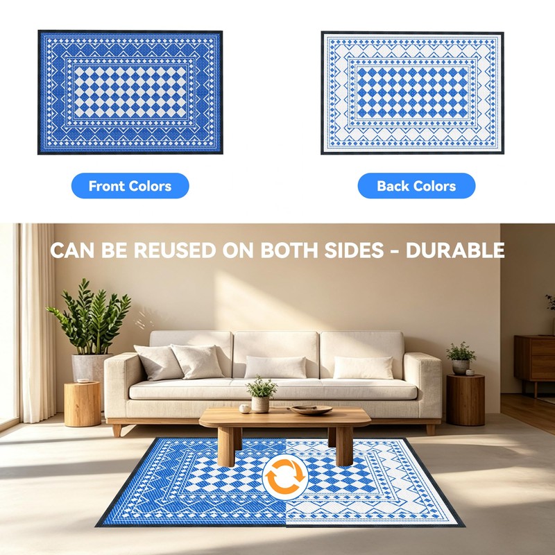 4'x6' Reversible Waterproof Outdoor Rug Blue Geometric Patio Mat