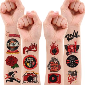 8 Sheets (96PCS) Rock N Roll Tattoos Temporary Rock Themed Birthday Party Decorations Supplies Party Favors Tattoo Stickers For Kids Boys Girls Gifts Classroom School Prizes Rewards