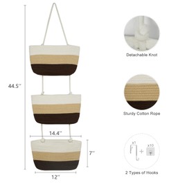 TeoKJ Over the Door Hanging Basket, 3-Tier Woven Cotton Wall-Mounted Storage Organizer Bag Decorative Hanging Nursery Baskets，Gradient Brown