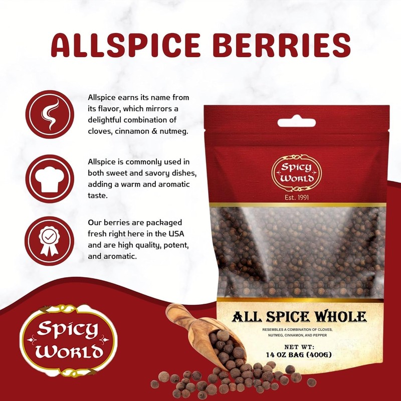 Spicy World Whole Allspice Berries 14 Oz Resealable Bag |