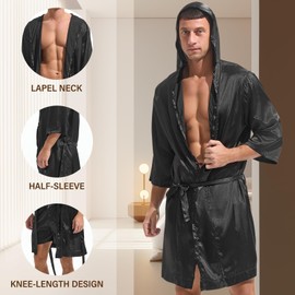 AMY COULEE Mens Silk Robe with Shorts 2 Pcs Satin Boxers Hooded Bathrobe Sexy Pajama Set Half sleeve Sleepwear (S, Black)