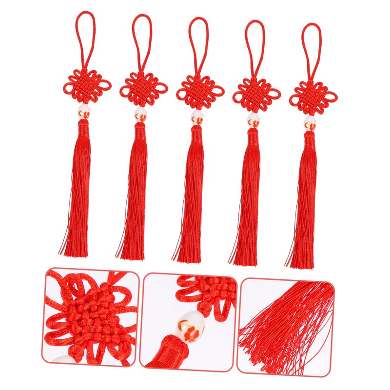 Ciieeo 5pcs Red Chinese Knot Tassel Pendant Car Hanging Decoration