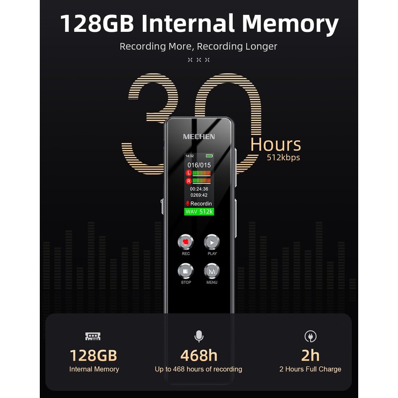 128GB Digital Voice Recorder for Lectures Meetings - MECHEN 1536Kbps