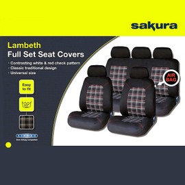 Car Seat and Headrest Covers - 'Lambeth' Full Set in Black with Red/White Checked Stitching Design - Universal Easy Fit