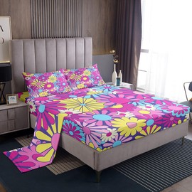Feelyou Retro Hippie Flower Sheet Set King Size 60S 70S Groovy Floral Print Sheets with Deep Pocket Fitted SheetDecorative Vintage Boho Plant Floral Botanical Bed Sheets Set Pink Bedding Set 4Pcs